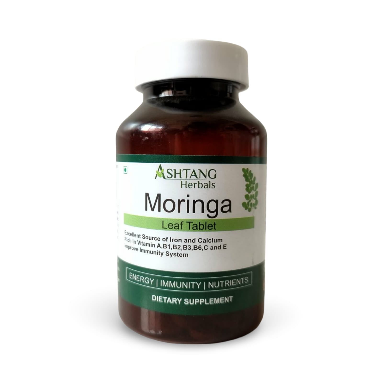 Bottle of Ashtang Herbals Moringa Leaf Tablets on a white background